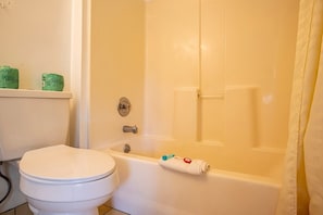 A bathroom with a toilet, a bathtub, and a shower curtain. - Queen Room - RiverFront (Bryson city)