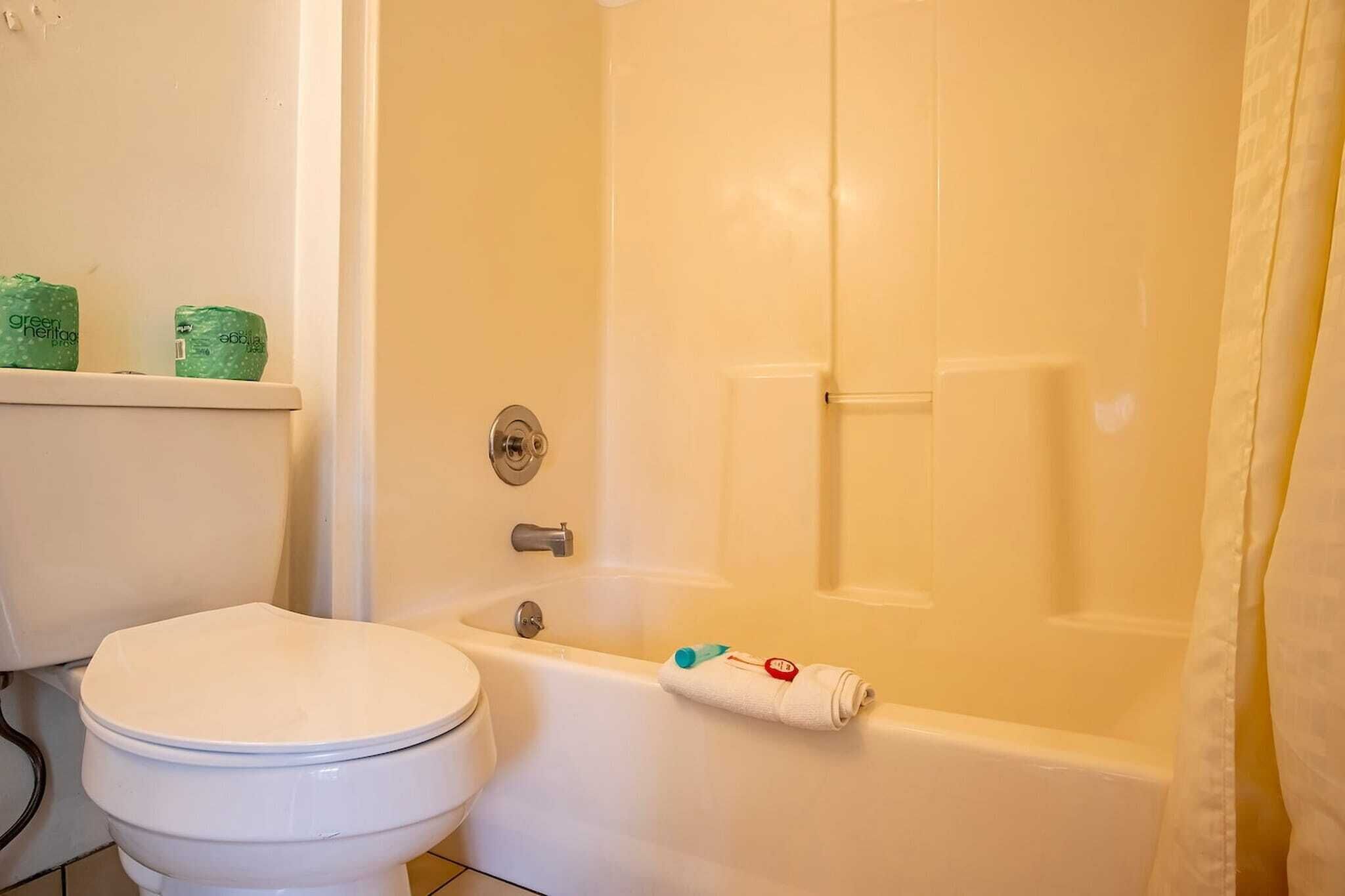 A bathroom with a white toilet, a bathtub, and a shower curtain.