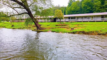 Un hotel a orillas del río con un césped, un árbol y un edificio con porche.