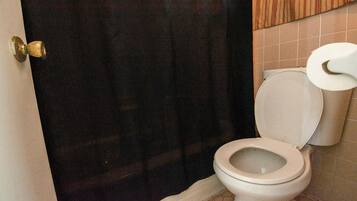 Een badkamer met toilet, douchegordijn en betegelde wand.