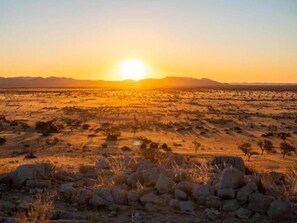 A desert landscape at sunset with a clear sky, distant mountains, and sparse vegetation. - Camp Gecko (Solitaire)