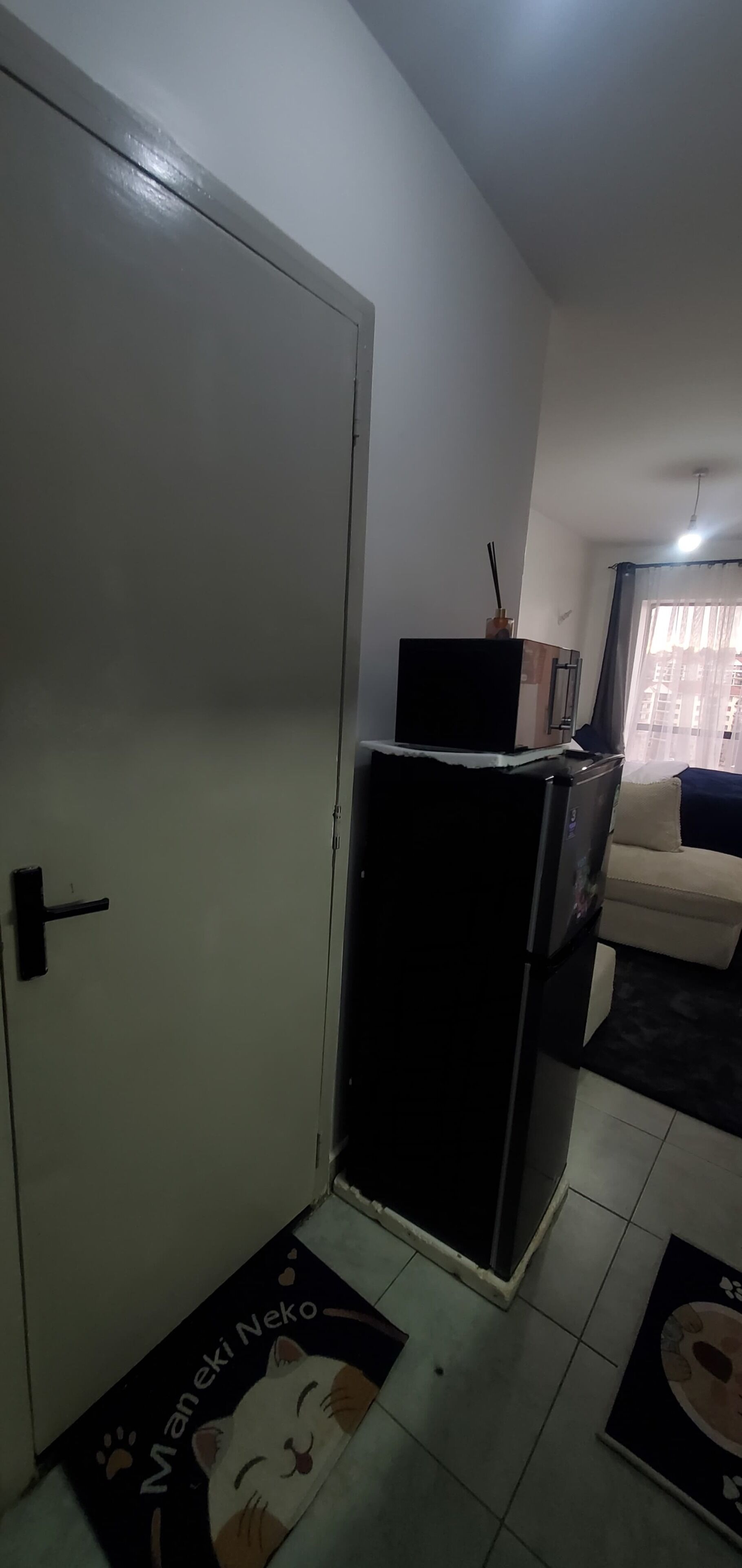 Een kamer met een gesloten deur, een koelkast, een bank en een raam met gordijnen.