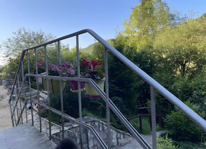 A staircase with metal railings and potted plants.