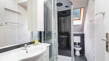 Un baño moderno con ducha envuelta en vidrio, un lavabo blanco y un inodoro.