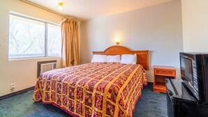 Una camera d'albergo con un letto grande, una televisione, un termosifone e una finestra con tende.