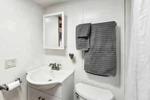 A bathroom with a white sink, a toilet, and a mirror.