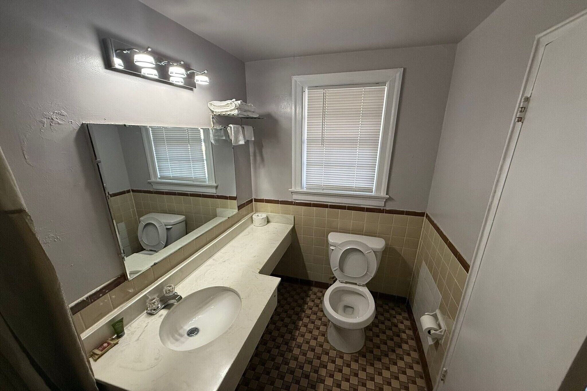 A bathroom with a sink, toilet, and mirror.