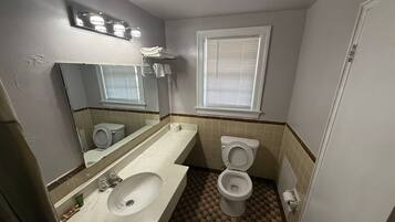 A bathroom with a sink, toilet, and mirror.