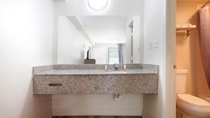Une salle de bain avec un lavabo surmonté d’un plan de travail en granit, un miroir, des toilettes et un rideau de douche.