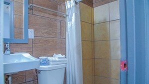 A bathroom with a sink, toilet, and shower.