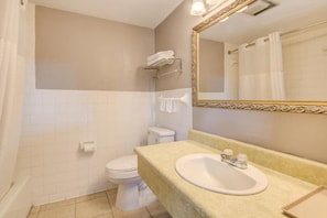 A bathroom with a toilet, sink, mirror, towel rack, and shower curtain. - Premium 2 Queen Bed|Douglas GA (Douglas GA)