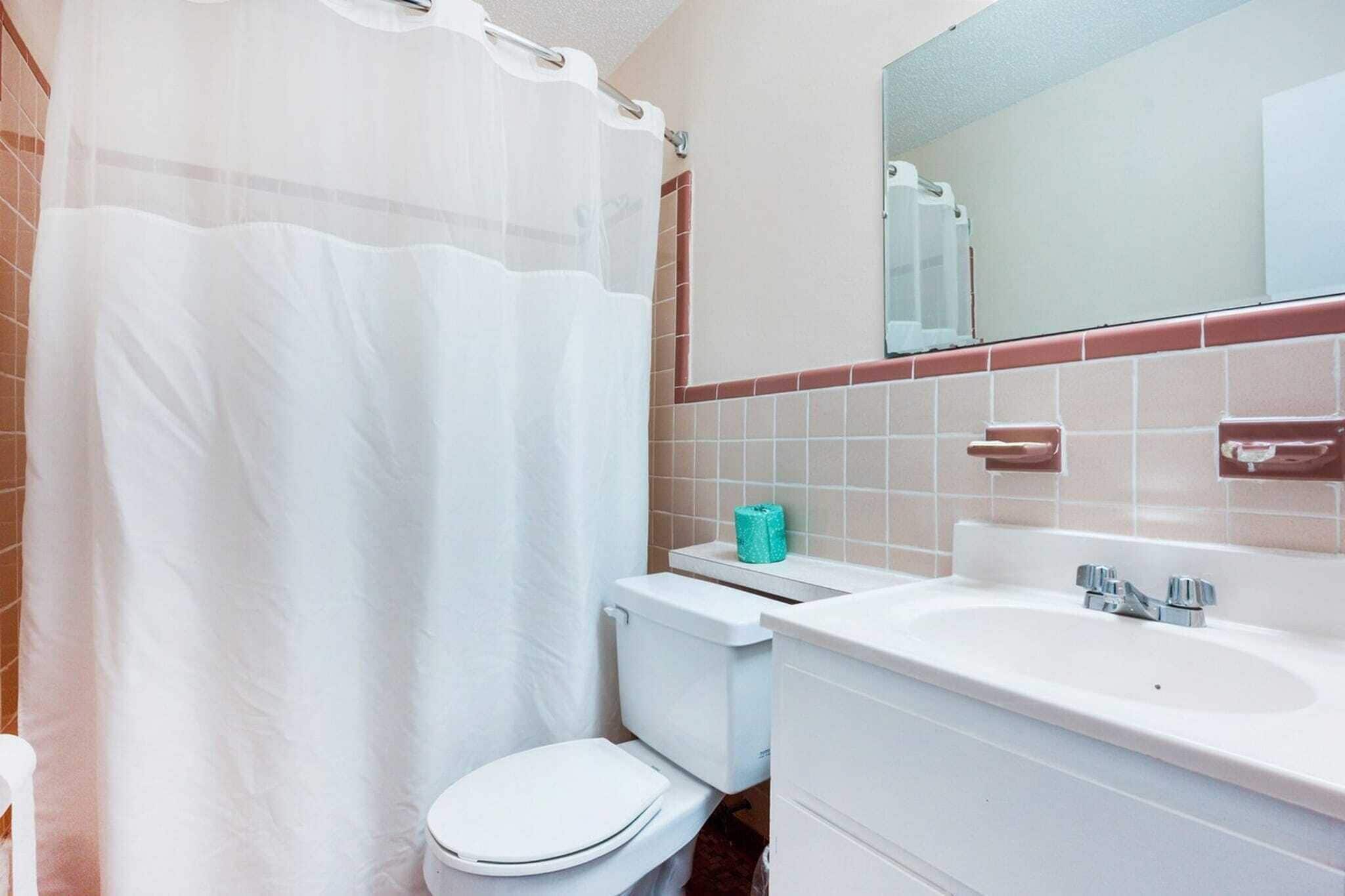 Un baño con inodoro y lavamanos blancos, y cortina de ducha.