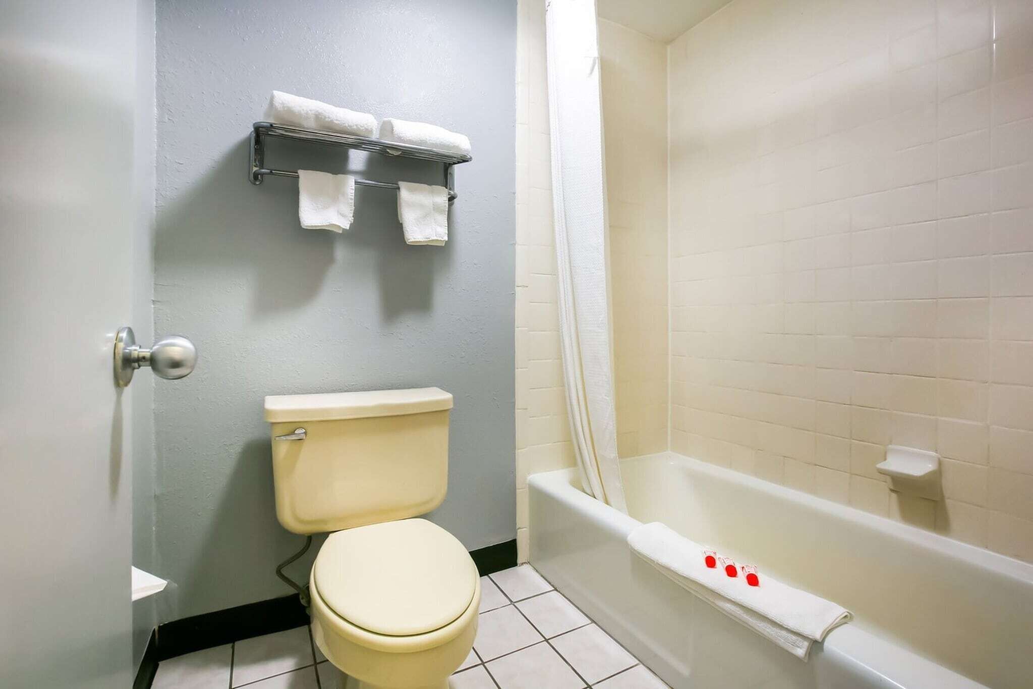 Een badkamer met toilet, een bad en een handdoekrek met twee handdoeken.