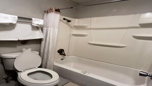 A bathroom with a toilet, a bathtub, and a shower curtain.