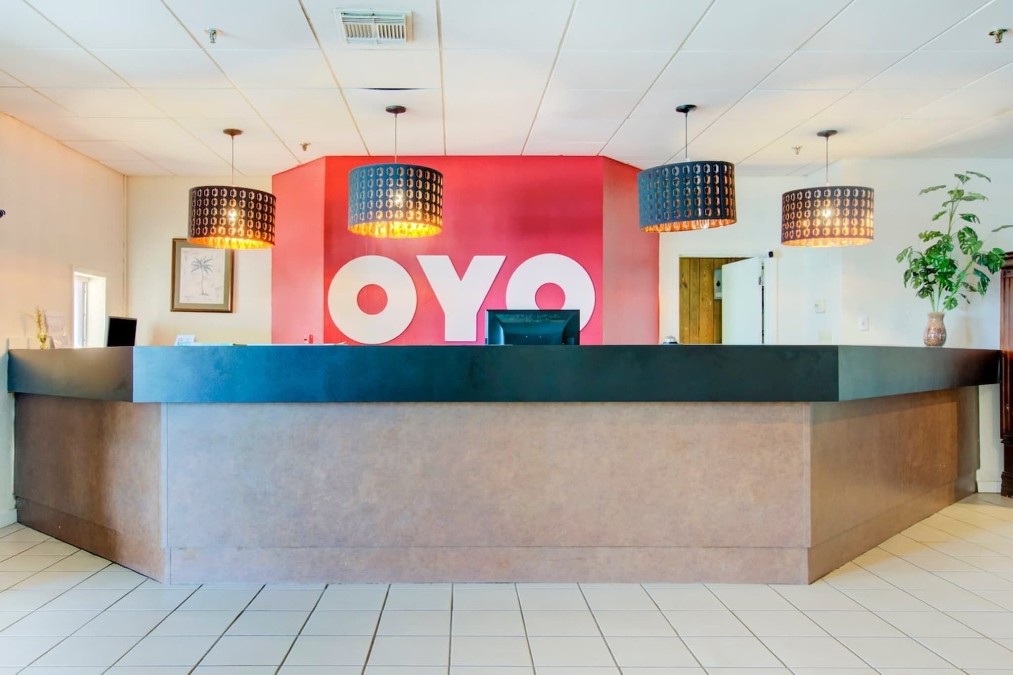 Vastaanottotiski, jossa on selkeästi näkyvissä oleva OYO-logo, kolme riippuvalaisinta ja ruukussa oleva kasvi.