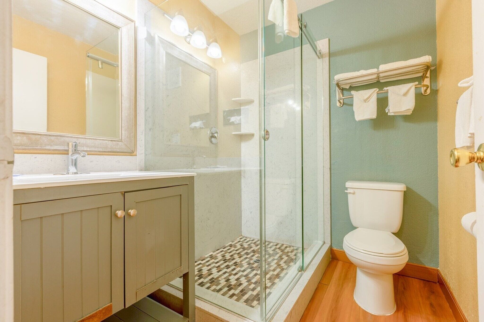 Une salle de bain avec une douche à parois de verre, des toilettes, un lavabo avec un miroir et un porte-serviettes.