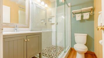 Une salle de bain avec une douche à parois de verre, des toilettes, un lavabo avec un miroir et un porte-serviettes.