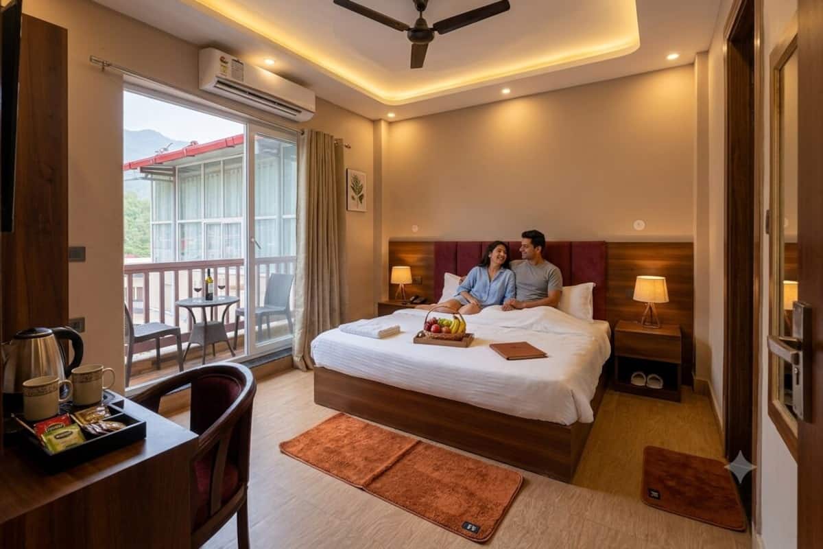 Habitación de hotel con cama, escritorio con cafetera, silla, balcón con vistas y ventilador de techo.