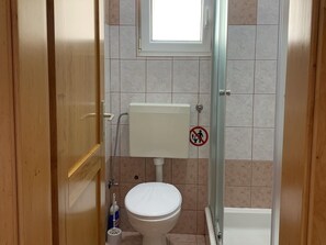 A bathroom with a toilet, a shower, and a window. - Apartment Vir 5 (Vir)