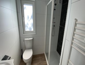 A bathroom with a toilet, a shower enclosure, and a window. - Beachside Chalet Near De Pluimpot for 4 (Scherpenisse)