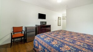 Una camera da letto con un letto, una sedia, una scrivania con televisore e un frigorifero.