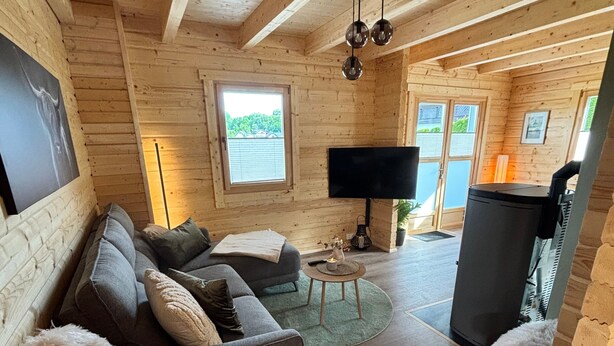 A cozy cabin interior with a sofa, a television, and a fireplace.