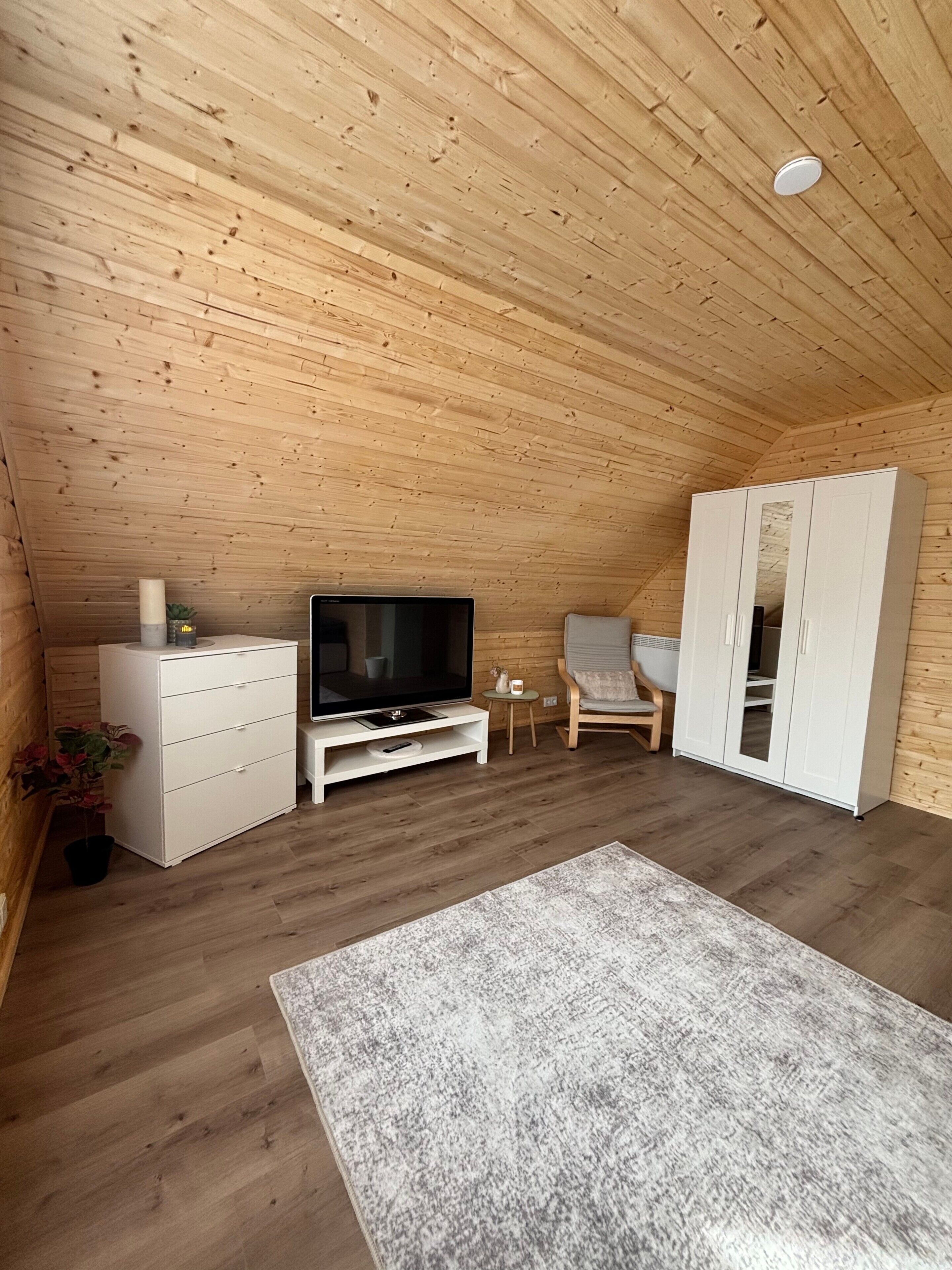 Huoneessa on puinen katto, jalustalla oleva televisio, valkoinen vaatekaappi, tuoli ja matto.