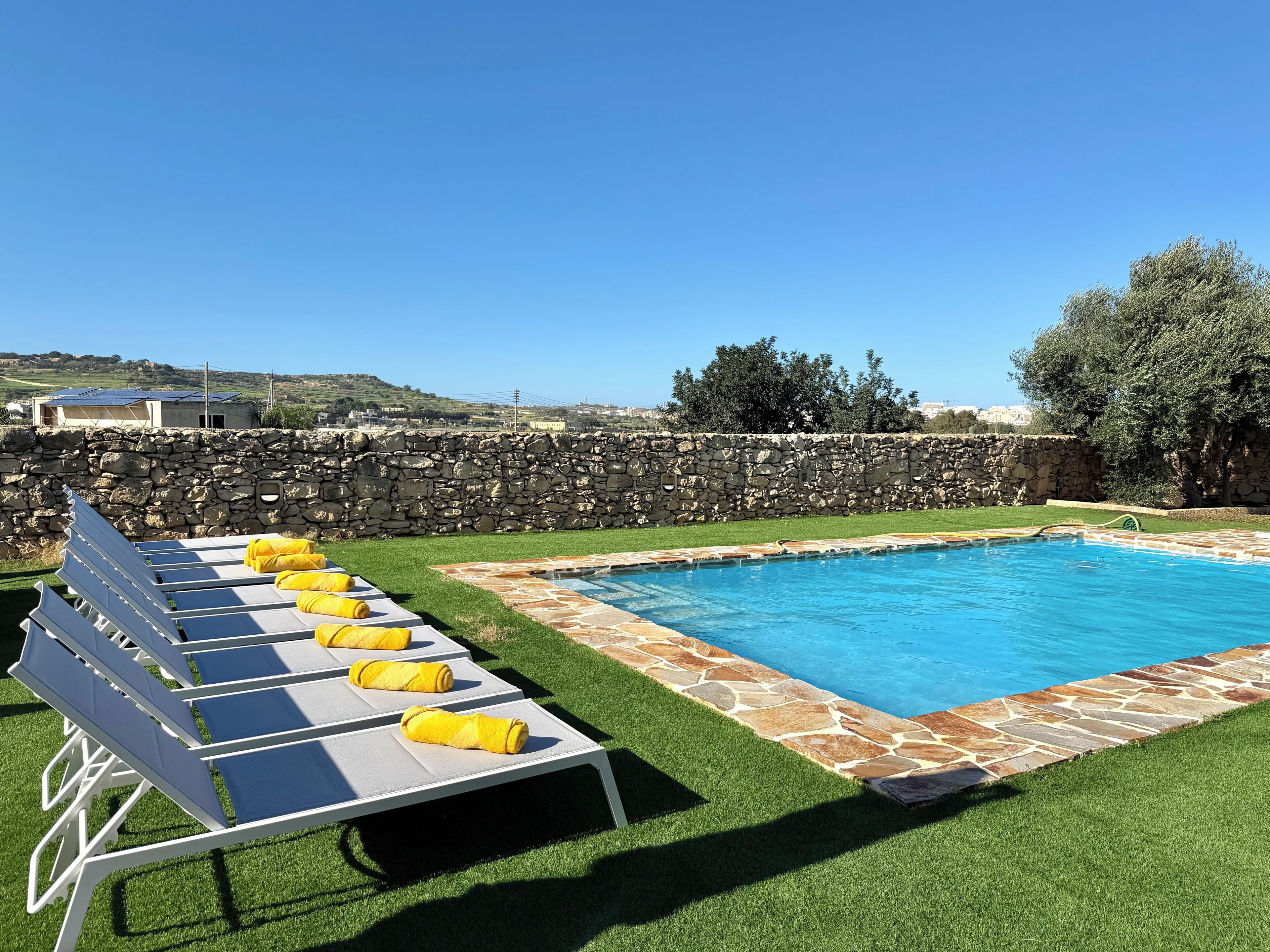 A swimming pool with a stone border, surrounded by artificial grass, and a stone wall in the background.