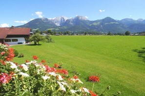 Ländliche Landschaft mit einem Haus, einem grünen Feld und Bergen im Hintergrund.