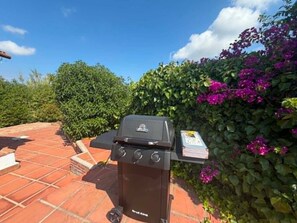 A barbecue grill on a patio with a tiled floor and a lush green hedge with purple flowers. - Countryside Escape Just Minutes from the Coast (Mijas)