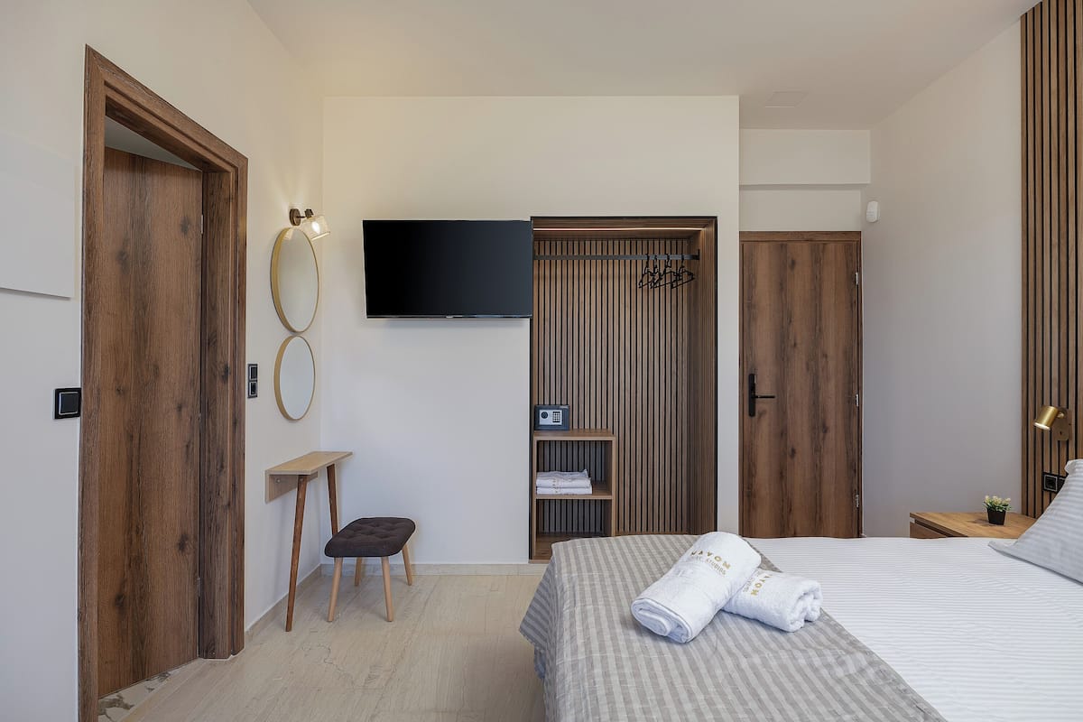 A bedroom with a bed, a TV, a wooden wardrobe, a small table with a plant, and a bench.