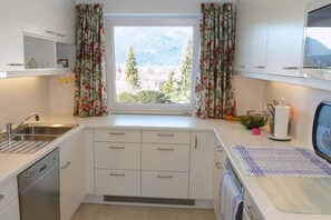 Eine kompakte Küche mit Fenster, weißen Schränken, einer Spülmaschine und einer Mikrowelle.