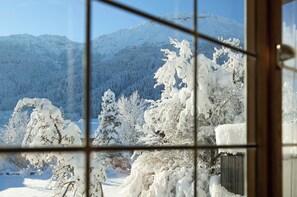 A snowy landscape with trees and mountains through a window. - Villa Senz - Bliss (Pfronten)
