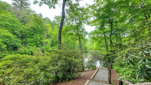 A forested area with a gravel path leading to a body of water. - Unplug! Lake Toxaway Cabin w/ Dock Access (Lake Toxaway)