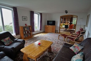 Ein Wohnzimmer mit Sofa, Couchtisch, Fernseher, Bücherregal und Blick durch einen Rundbogen.