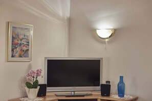 Ein Zimmer mit Fernseher, Lautsprechern, einer Vase und einem gerahmten Bild an der Wand.