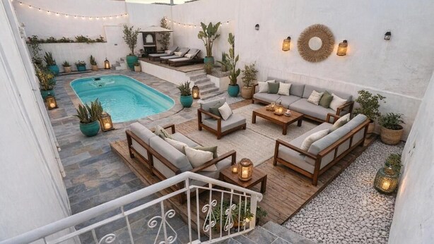 Um terraço no telhado com piscina, área de estar ao ar livre e luzes de corda.