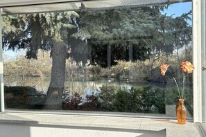 Ein Fenster mit Blick auf einen See, Bäume und einer Vase mit Blumen.