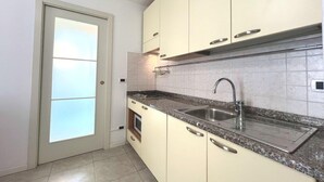 Una cocina con armarios blancos, encimera de granito, pileta de acero inoxidable y puerta de vidrio esmerilado.