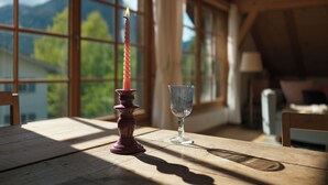 Una vela sobre una mesa de madera junto a una ventana con vistas a las montañas.