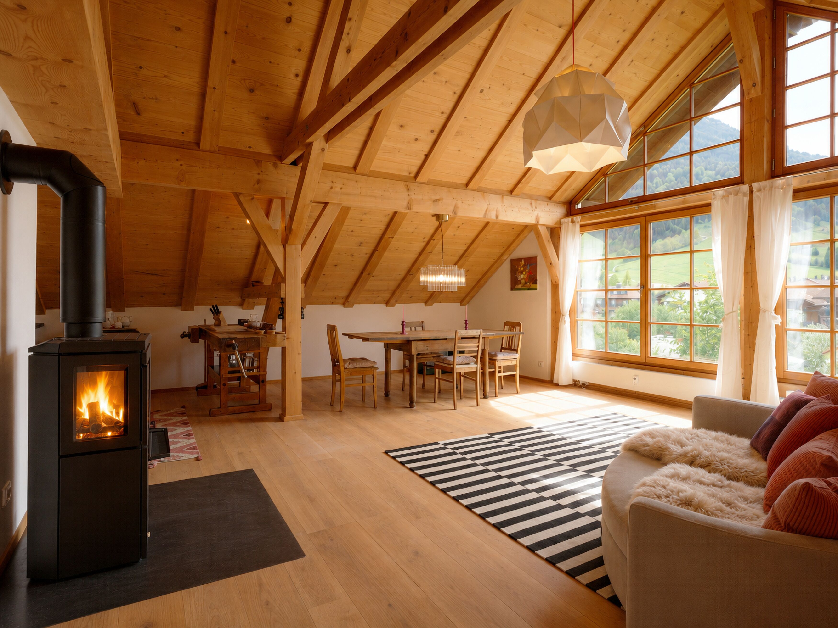 A wooden interior with a wood-burning stove, a dining area, and large windows.