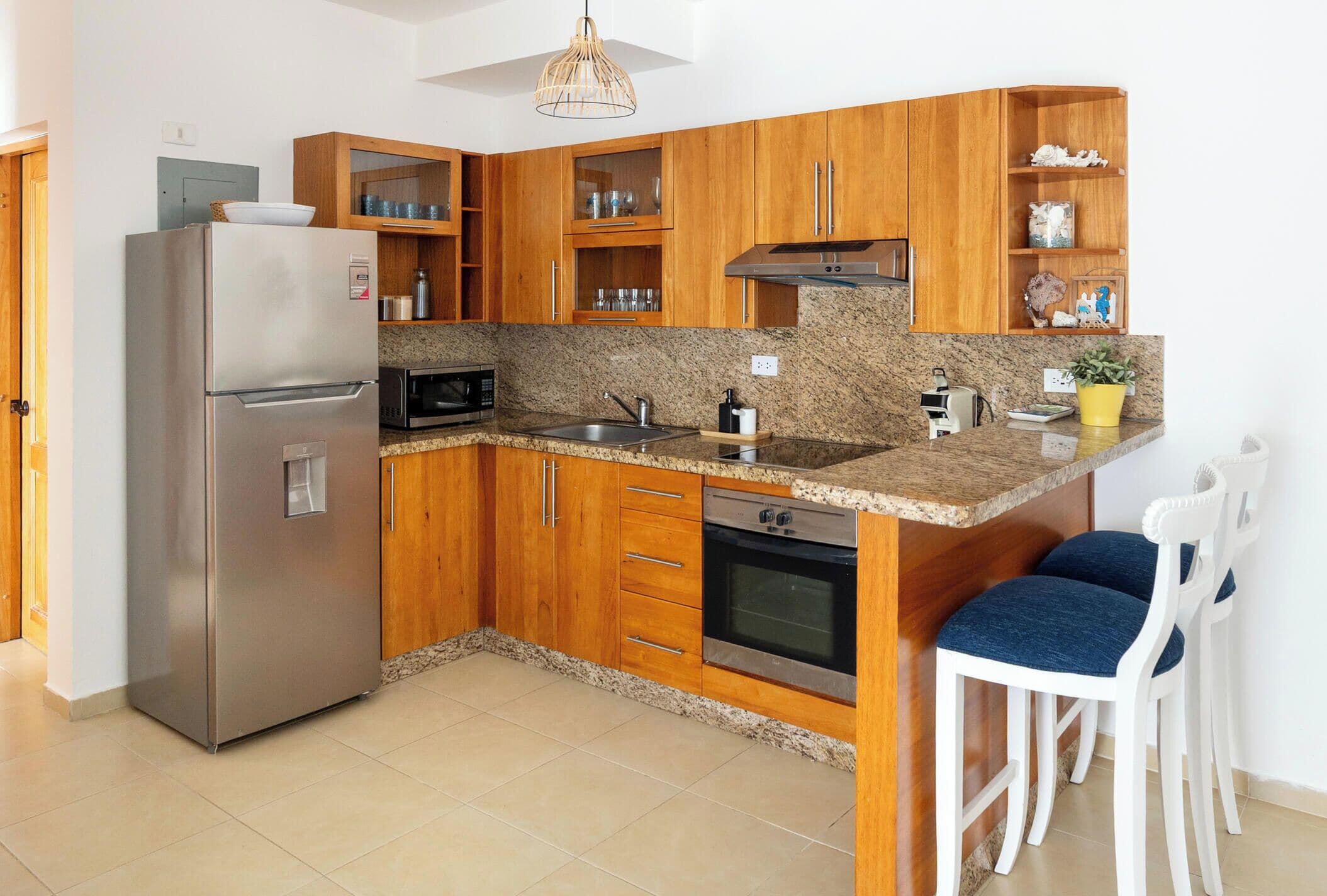 Fridge, microwave, oven, electric kettle