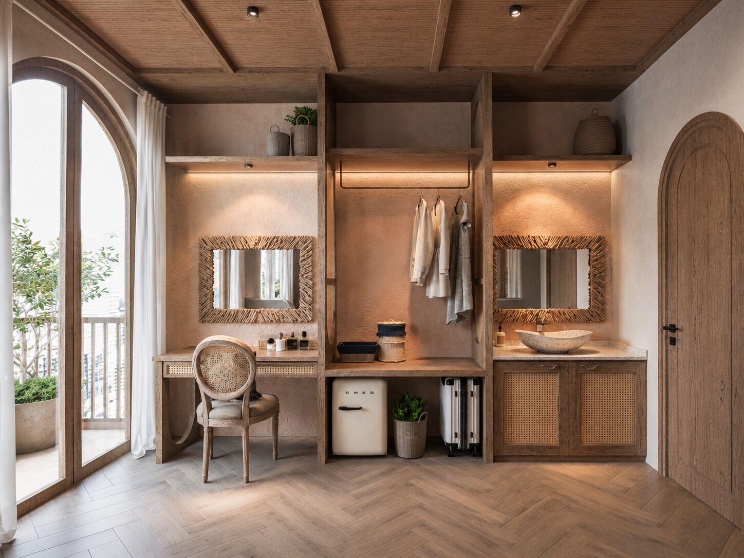 A modern bathroom with wooden accents, a large mirror, a sink, and a chair.