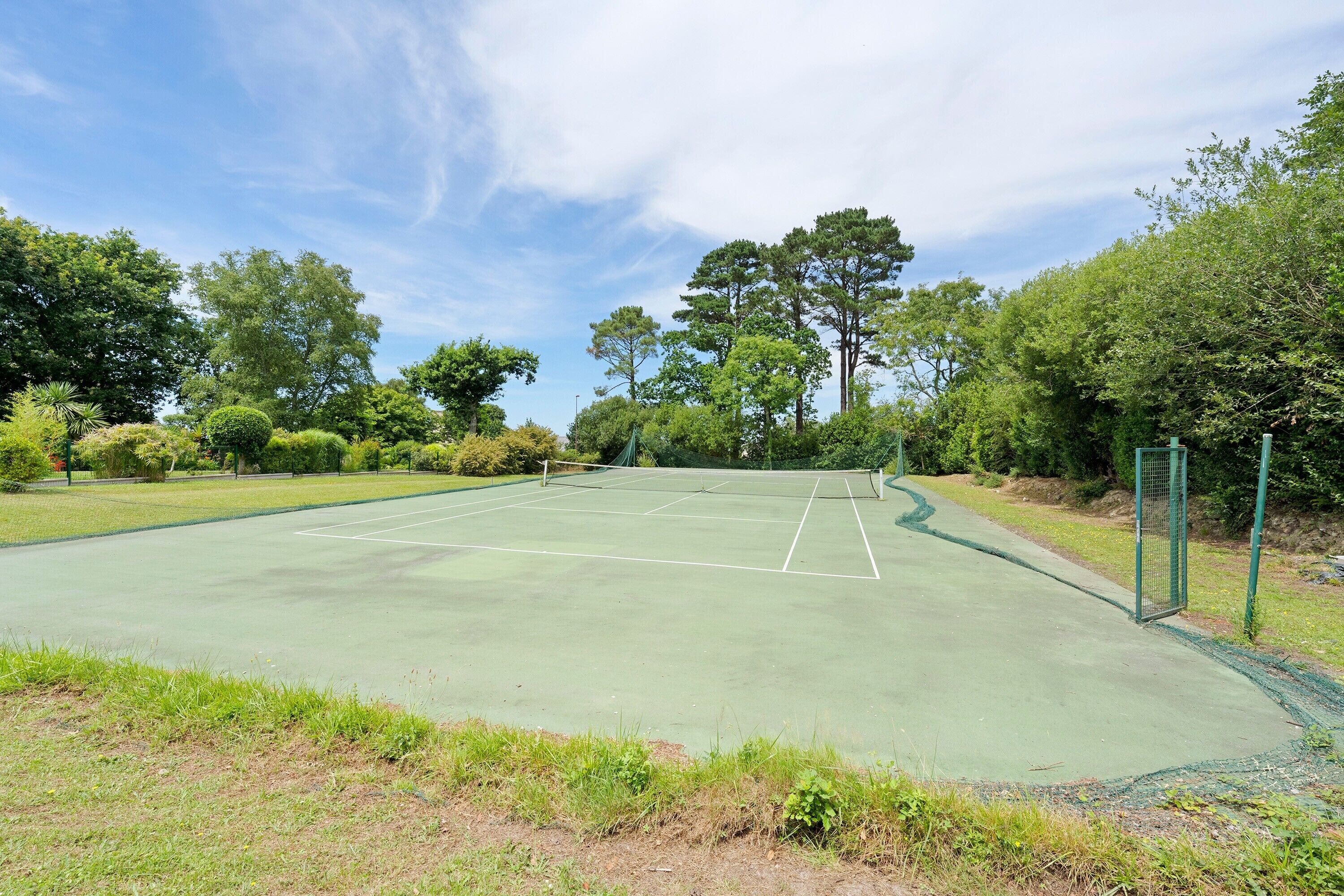 An outdoor tennis court surrounded by trees and greenery.