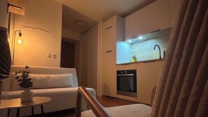 Un espacio habitable compacto con un sofá, una mesita con una planta, una silla de madera, una kitchenette con estufa y una lámpara colgante.