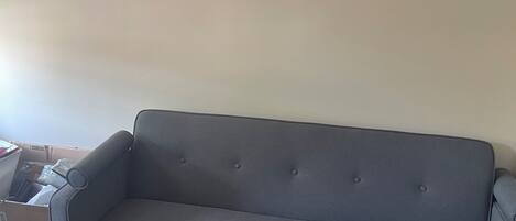 A grey sofa in a room with a plain wall and a black rug.