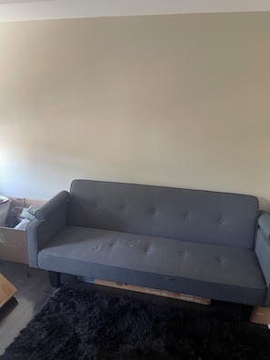 A grey sofa in a room with a plain wall and a black rug.