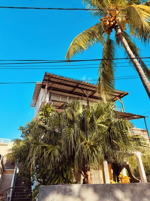 A building with a covered porch, palm trees, and a clear blue sky. - Balkon D’Albion Beachfront (Albion)