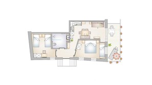 A floor plan of a hotel with a kitchen, dining area, two bedrooms, and a balcony with plants. - Apartment 'Morgensonne Innersennerhof' with Mountain View, Wi-Fi and Air Conditioning (Riffian)