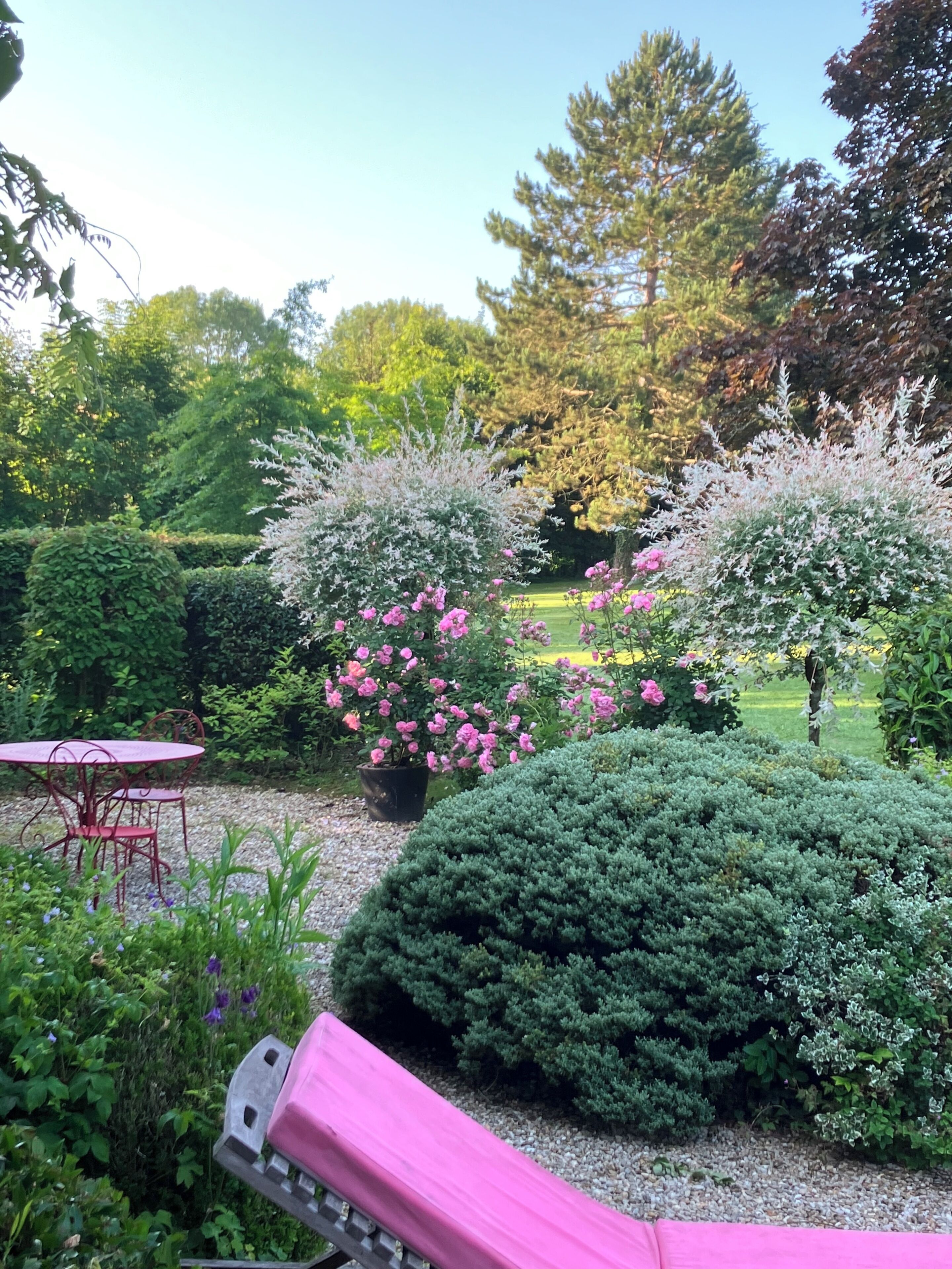 Un jardín con una mesa y sillas de metal rojo, un arbusto grande y plantas con flores.
